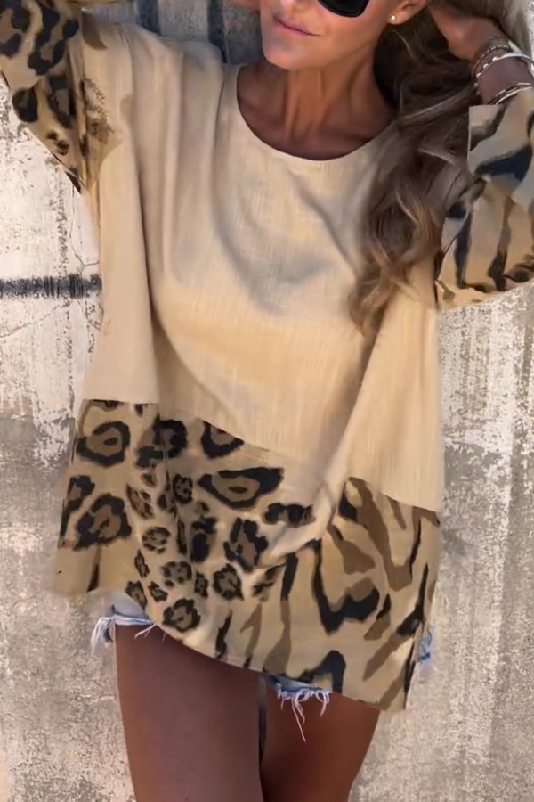 Leopard Print Loose-fitting Round Neck Long-sleeved Casual Top-consonak