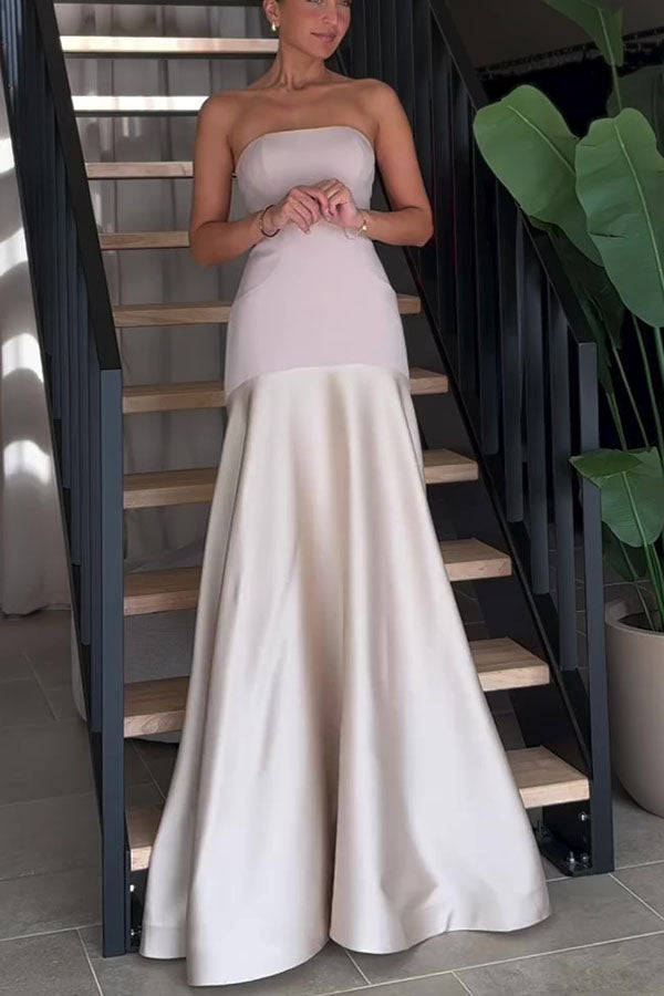 Timeless Elegance Satin Patchwork Strapless Flare Gown Maxi Dress | Consonak