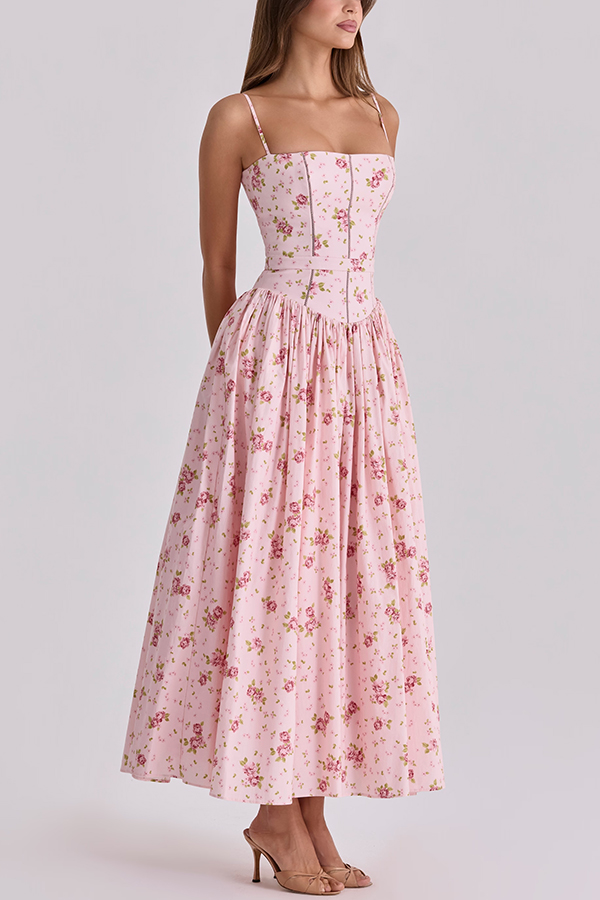Romantic Countryside Stretch Cotton Blend Floral Print Cutout Trim Slip Midi Dress-consonak