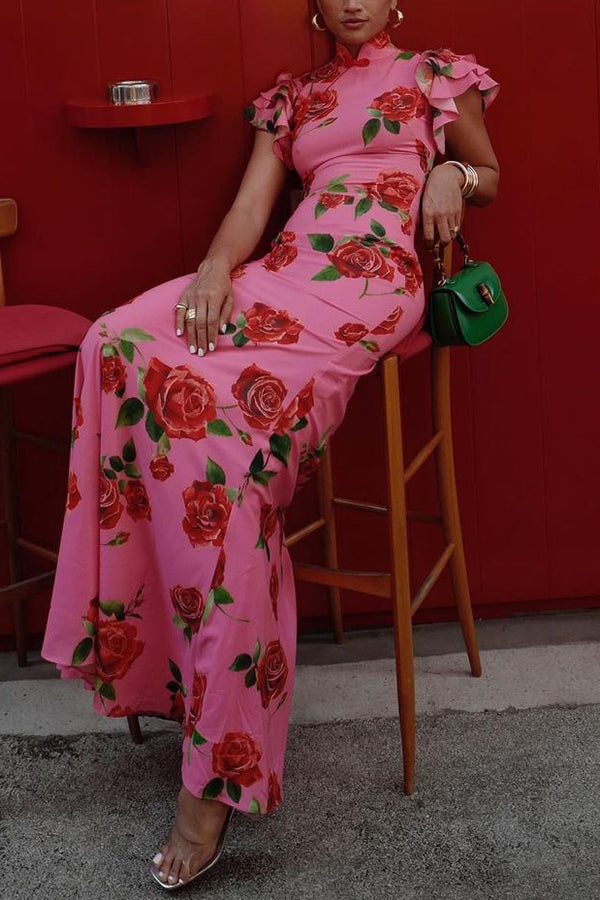 Elegant party cheongsam style rose print layered flared sleeve elastic long skirt | Consonak
