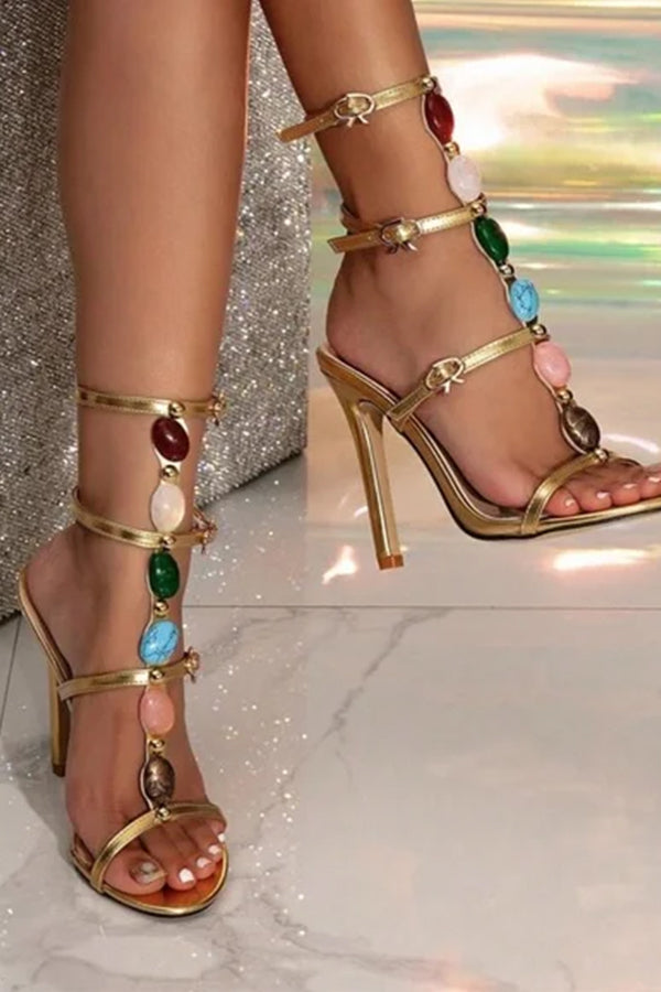 Stiletto high heels pearl open toe buckle sandals-consonak