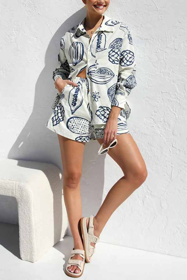 Parkside Pretty Tropical Fruit Print Loose Shirt and Elastic Waist Pocketed Shorts Set-consonak