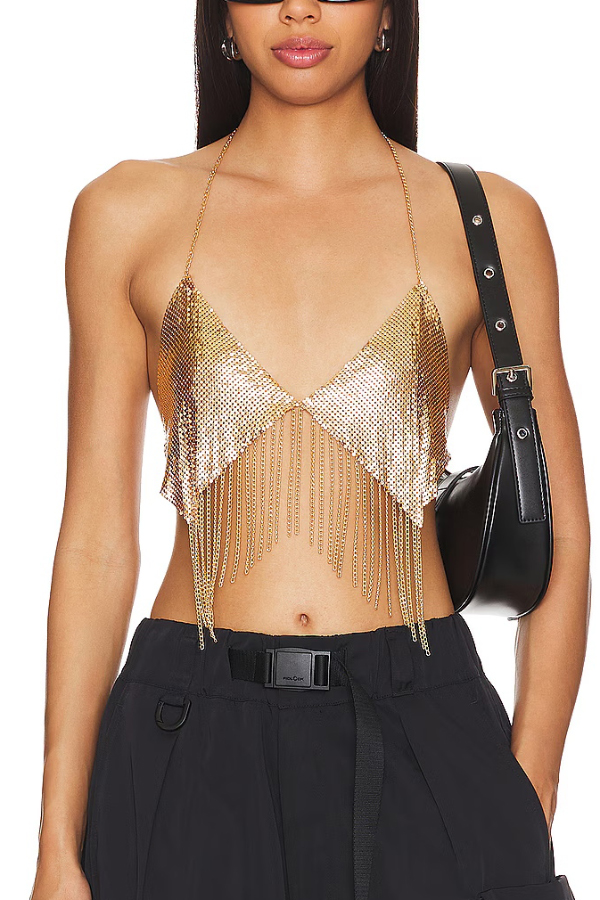 Stylish Gold Metal Chain Tassel Halter Tank Tops-consonak