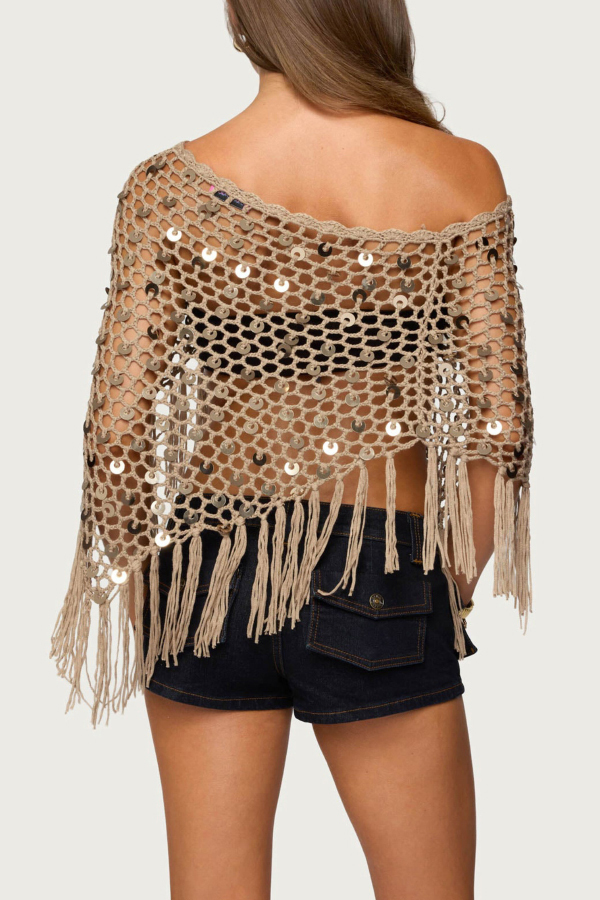 Fashionable Sequined Openwork Woven Tassel Resort Cape-consonak