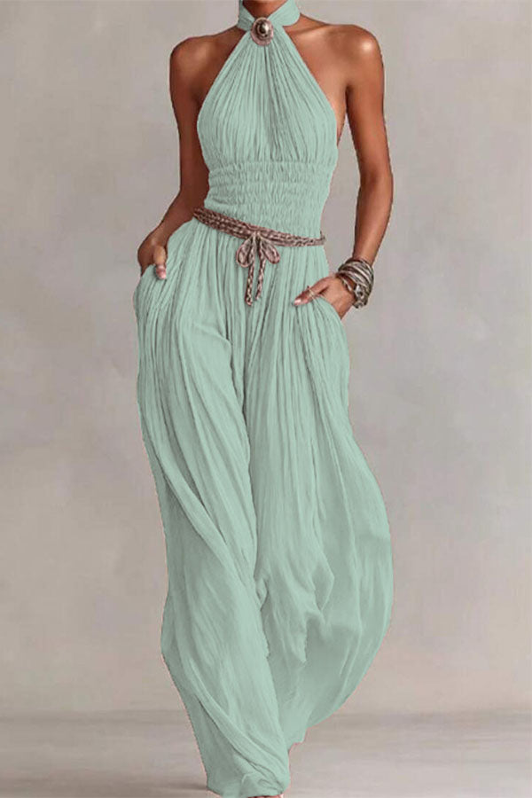 Bohemian Halter Neck Wide-Leg Jumpsuit-Consonak