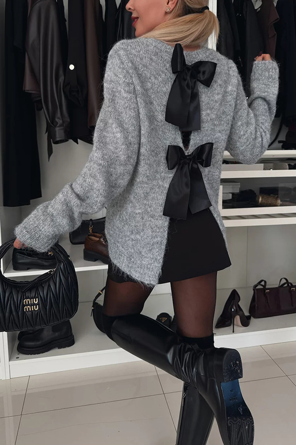 Unique Choice Knit Back Satin Bow Detail Relaxed Sweater-consonak