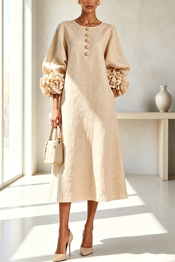 Rima Linen Blend Flowers Button Down Floral Cuffs Half Sleeve Pocket Midi Dress-Consonak