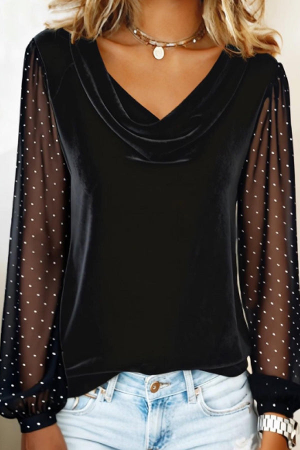 Fashionable Velvet Patchwork Mesh Rhinestone Long-sleeved Casual Top