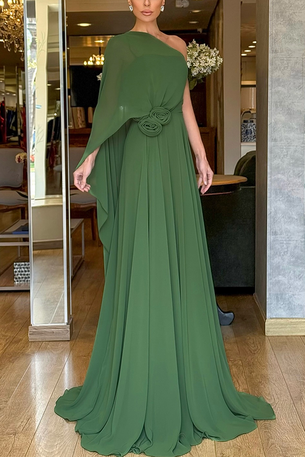 Iriena Chiffon One Shoulder Rose Decoration Waist Formal Maxi Dress-consonak
