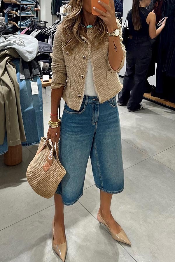 Terminally Stylish Denim Pocket Wide Leg Bermudas Jeans-consonak