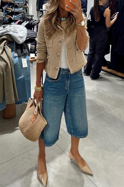 Terminally Stylish Denim Pocket Wide Leg Bermudas Jeans-consonak