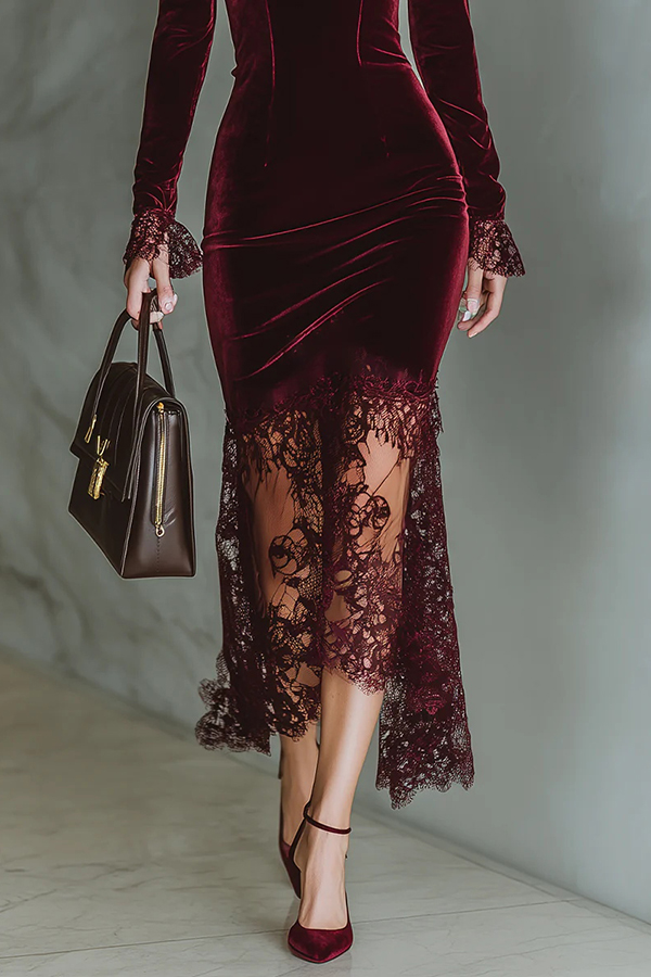 Fashionable Velvet and Lace Patchwork Square Neck Long-sleeved Maxi Dress | Consonak
