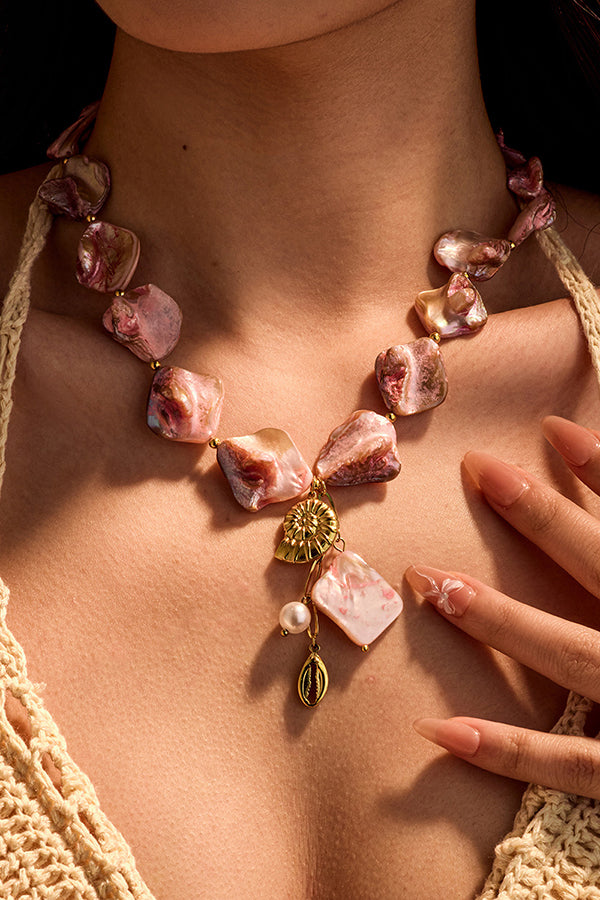 Fashion Pink Beaded Shell Beach Style Necklace-consonak