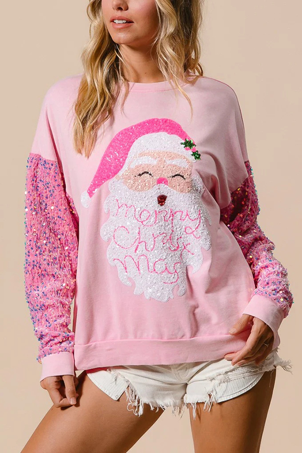 Christmas Casual Loose Round Neck Sequined Sleeve Sweatshirt | Consonak