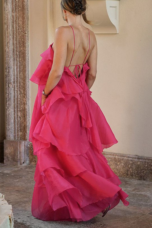 Romantic Summer Chiffon Tiered Ruffle Deep V-Back Halter A-line Maxi Design | Consonak