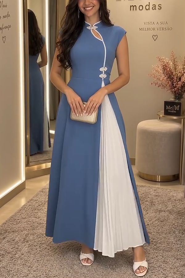 Chic Unique Contrast Color Stand Neck Chinese-style Button Pleated Hem Maxi Dress-Consonak