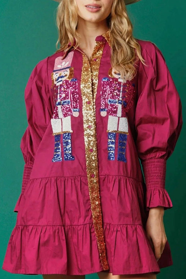 Nutcracker Sequined Button Down Long Sleeve Mini Dress-consonak