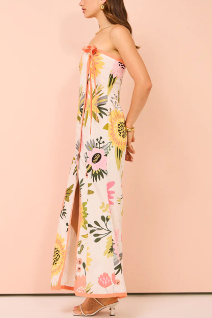 Inessa Linen Blend Floral Print Strapless Wrap Bow Maxi Dress-consonak