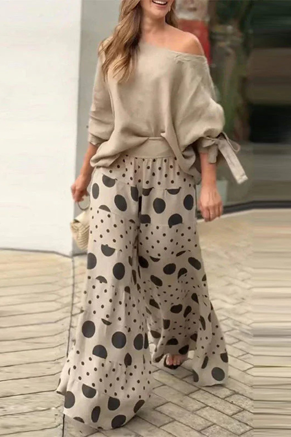 Stylish Tie-cuff Loose Top and Polka Dot Print Pocket Wide Leg Pants Set | Consonak