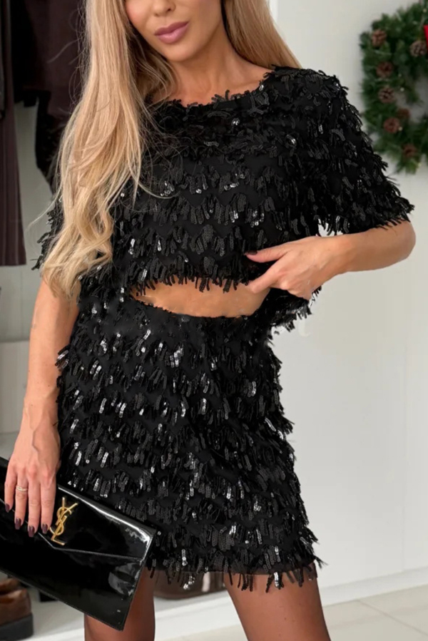 Polished Uptown Sequin Tassel Round Neck Short Sleeve Top and Elastic Waist Mini Skirt Set-consonak