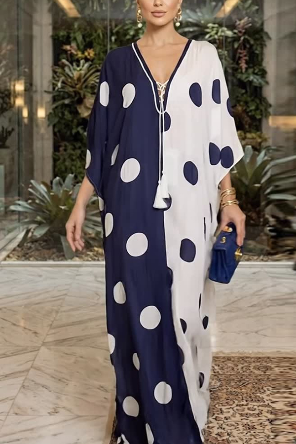 Lucia Chiffon Contrast Color Polka Dot Print Tie-up Neck Kaftan Vacation Maxi Dress-consonak