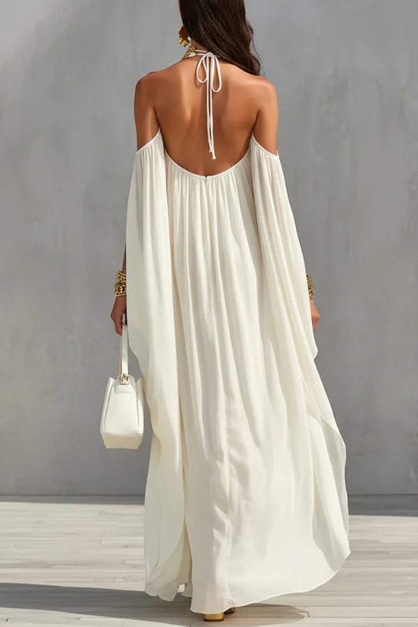 Fashionable Chiffon Metal Halter Neck Off-shoulder Elegant Loose-fitting Holiday Maxi Dress-Consonak
