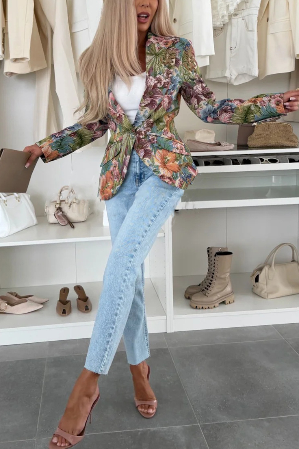 Sienna Unique Floral Print Lapel Long Sleeve Single Button Elegant Blazer