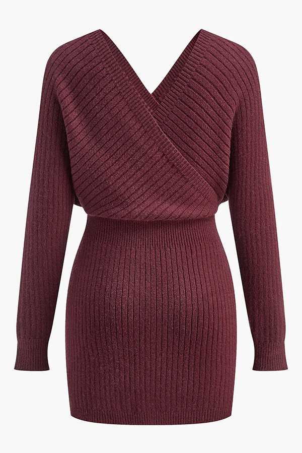 Solid Color Crossover V-neck Long-sleeved Fitted Waist Knit Mini Dress-consonak