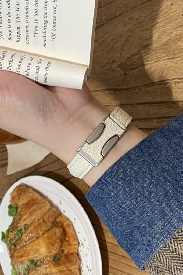 Fashionable Genuine Leather Lychee Pattern Double C Magnetic Buckle Watch Strap-consonak