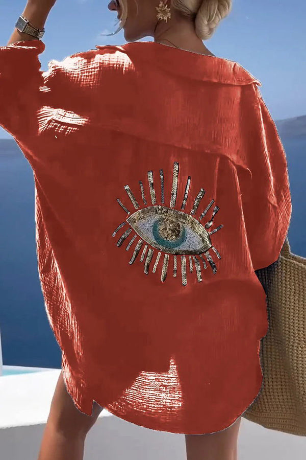 Summer Breeze Linen Blend Sequin Magic Eye Desig Oversized Relax Shirt | Consonak