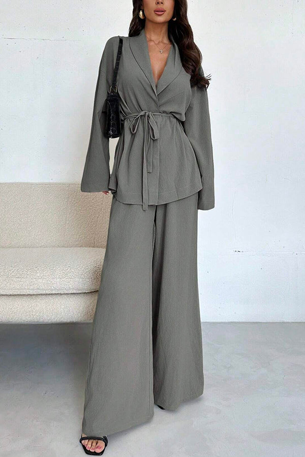 Solid Color Collared Long-sleeved Tie-waist Loose Top and Elastic Waist Casual Wide-leg Pants Set-consonak