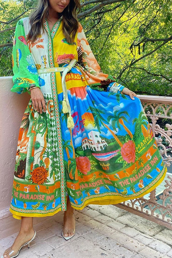 A World of Colour Unique Print Balloon Sleeve Belt Shirt Midi Dress-consonak