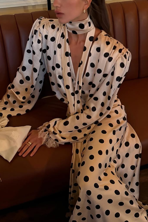Chrissa Satin Polka Dot Print Lace Trim Tie-up Neck Balloon Sleeve Loose Blouse | Consonak