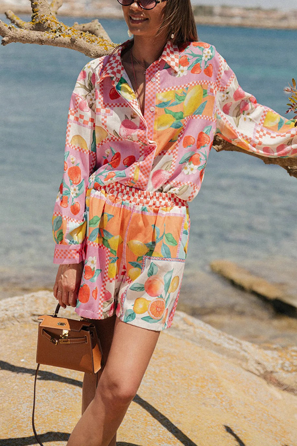 Leisurely Outings Summer Fruit Print Loose Long Sleeve Shirt and Elastic Waist Pocket Shorts Set-consonak