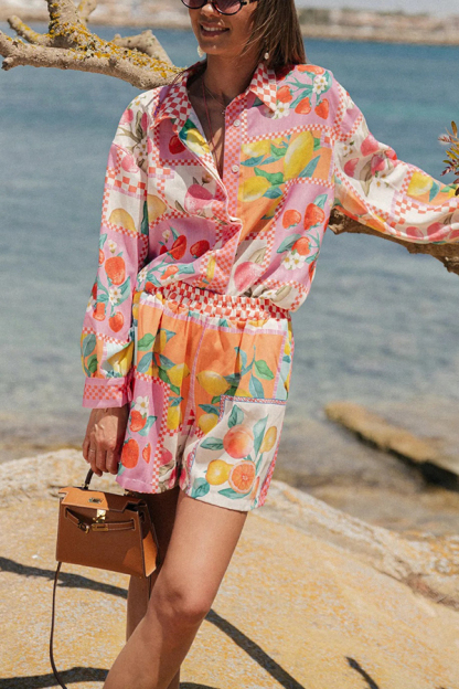 Leisurely Outings Summer Fruit Print Loose Long Sleeve Shirt and Elastic Waist Pocket Shorts Set-consonak