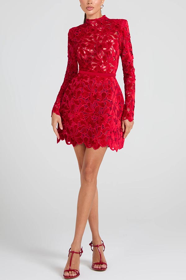 Lydia Embroidered Floral Lace Long Sleeve Belt Tulip Shaped Mini Dress | Consonak