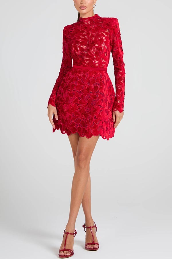 Lydia Embroidered Floral Lace Long Sleeve Belt Tulip Shaped Mini Dress-consonak