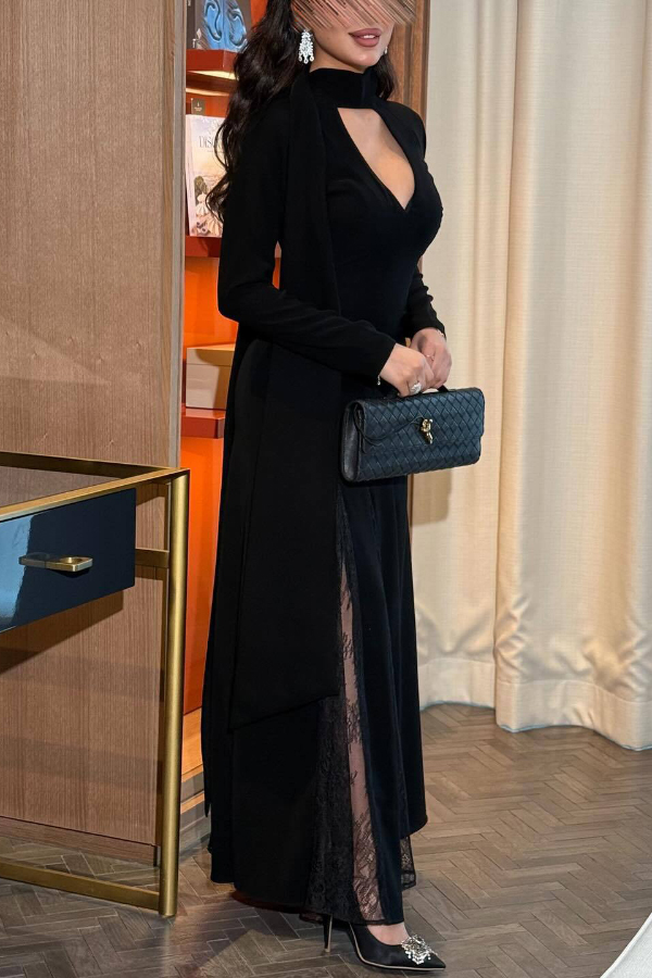 Solid Color Hollowed-out Long-sleeved Spliced ​​lace Slim-fit Maxi Dress-consonak