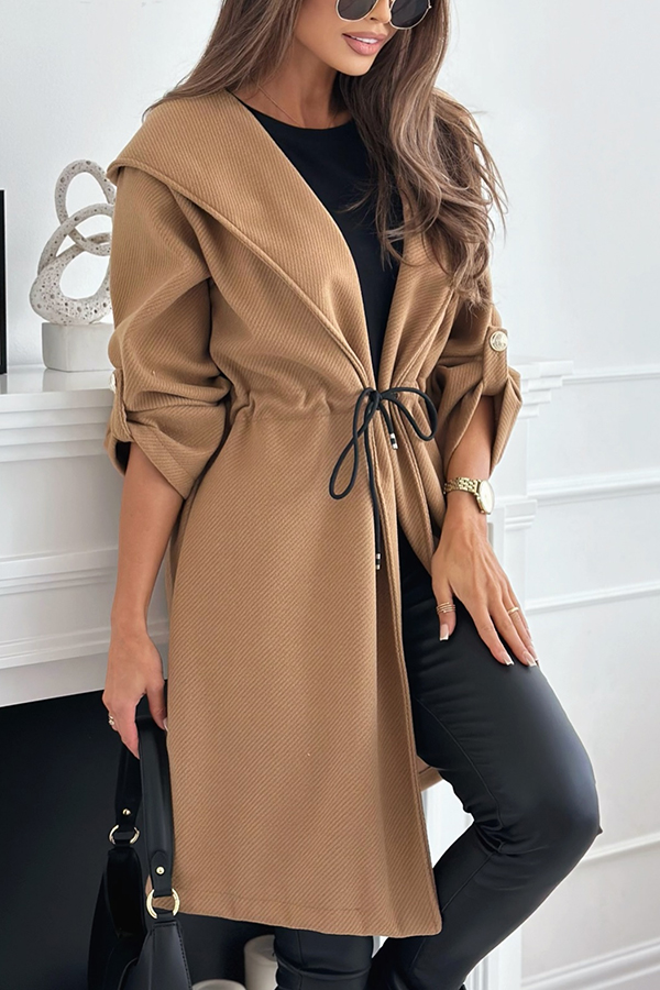 Effortless and Warm Textured Fabric Drawstring Waist Pocket Hooded Midi Coat-consonak