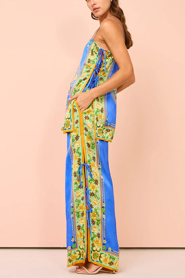 Nara Satin Unique Print Side Lace-up Tank and Elastic Waist Pocketed Wide Leg Pants Set-consonak
