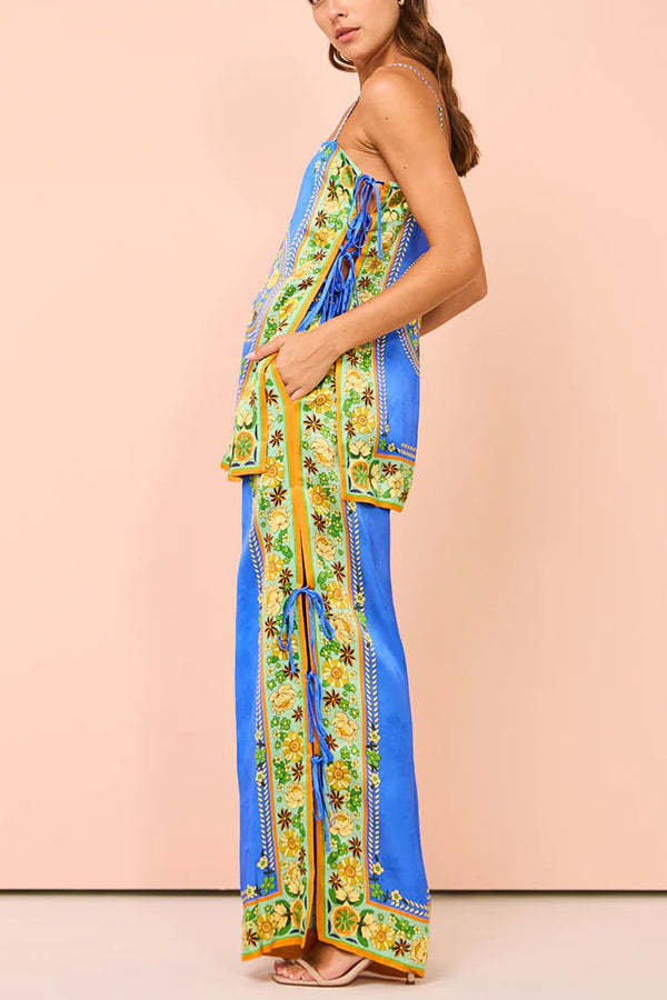 Nara Satin Unique Print Side Lace-up Tank and Elastic Waist Pocketed Wide Leg Pants Set-consonak