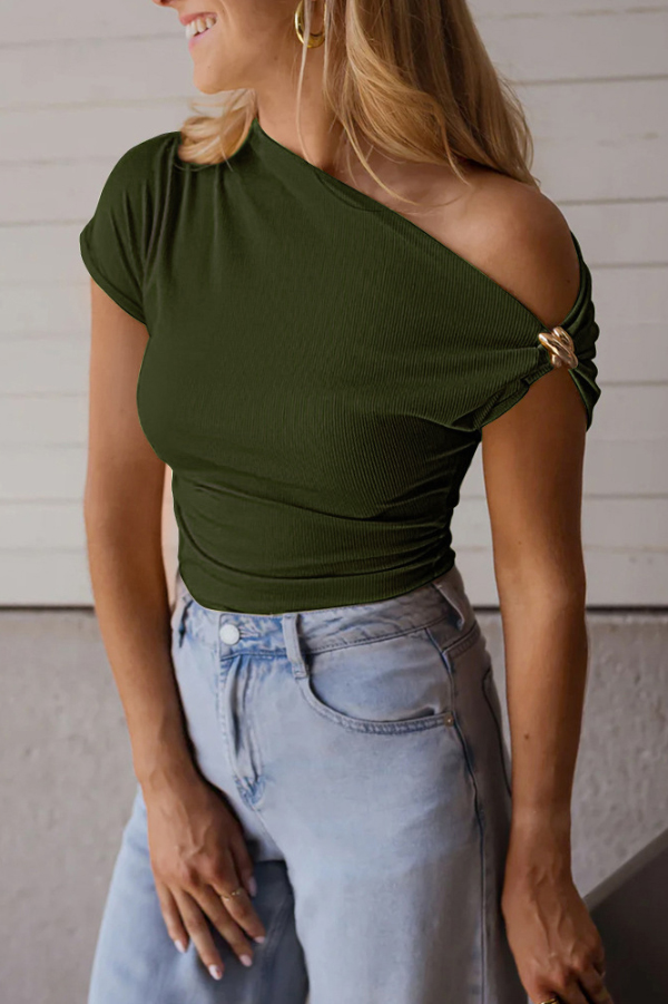 Solid Color Metal Decoration Short-sleeved Casual T-shirt-consonak