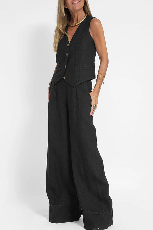 Eddie Linen Blend Button Vest and Elastic Waist Pocketed Wide Leg Pants Set-consonak
