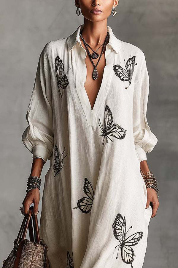 Butterfly Print V-Neck Long Sleeve Loose Casual Maxi Dress