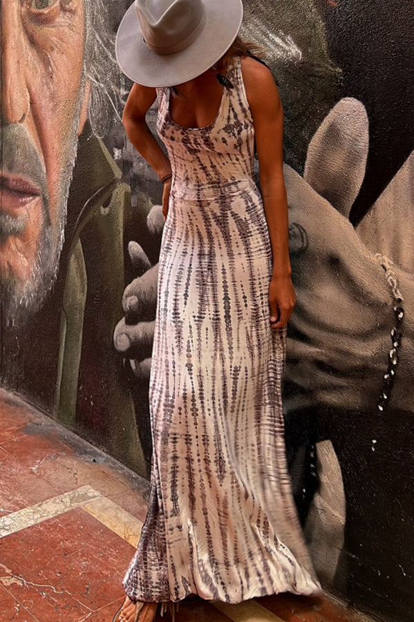 Modern Day Tie-dye Print Back Lace-up Stretch Maxi Dress-consonak