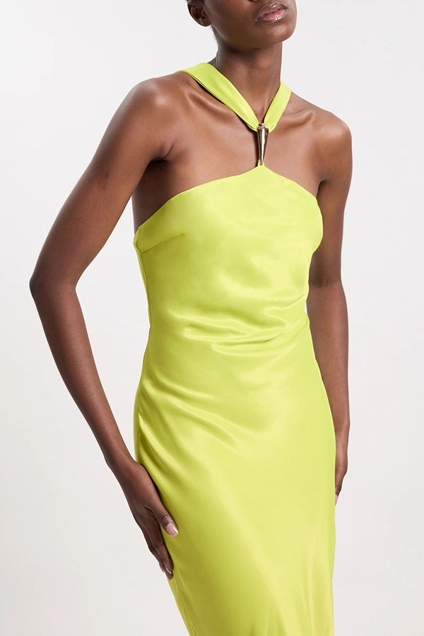 Kalanie Satin Metal Decoration Halter Neck Back Tie-up Maxi Dress
