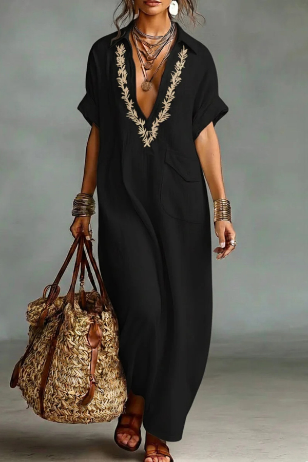 Linen Blend Embroidered V-neck Pocket Casual Loose Maxi Dress