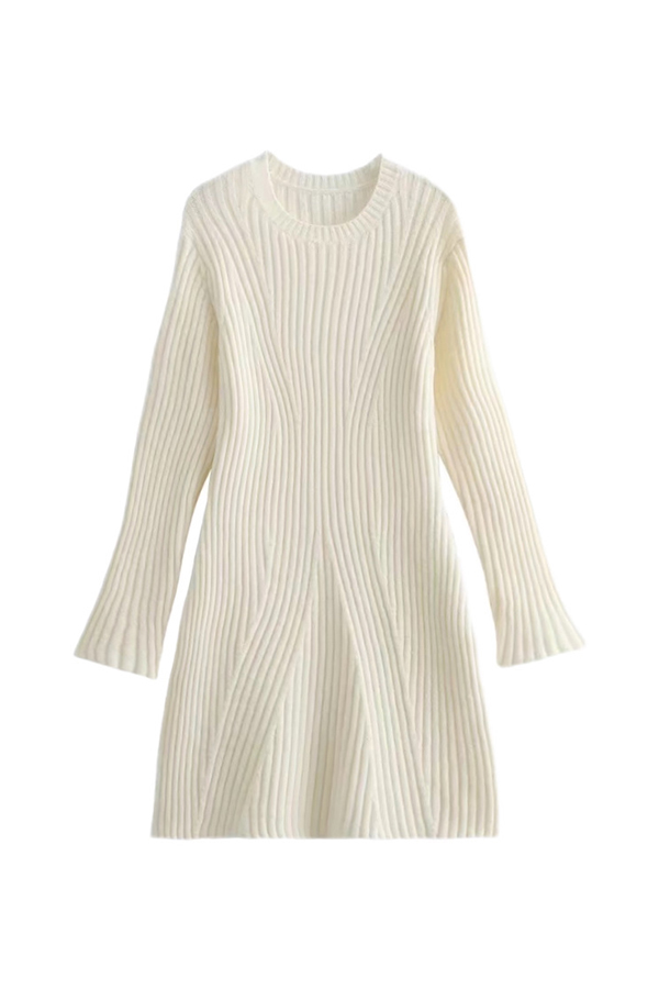 Beautiful Basic Ribbed Knit Long Slit Sleeve Flare Stretch Dress-consonak