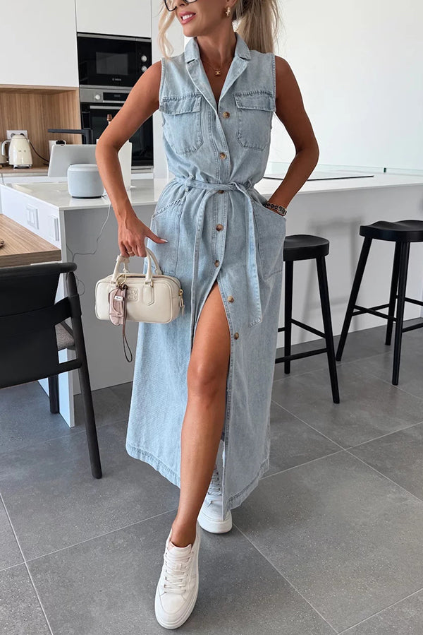 Solid Color Sleeveless Single Breasted Waist Tie Casual Pocket Denim Midi Dress | Consonak