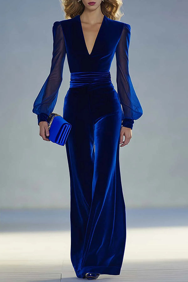 Solid Color Velvet V-neck Long-sleeved Elegant Fitted Jumpsuit | Consonak